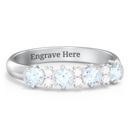 4 Stone Semi-Bezel Ring with Accents in 925 Sterling Silver with Aquamarine and White Premium Zirconia