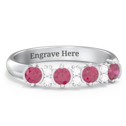 4 Stone Semi-Bezel Ring with Accents in 925 Sterling Silver with Ruby and White Premium Zirconia