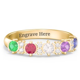 5 Stone Semi-Bezel Ring with Accents in 10K Solid Yellow Gold with Emerald, Ruby, Cubic Zirconia, Amethyst, Blue Sapphire, and White Premium Zirconia