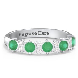 5 Stone Semi-Bezel Ring with Accents in 925 Sterling Silver with Emerald and White Premium Zirconia