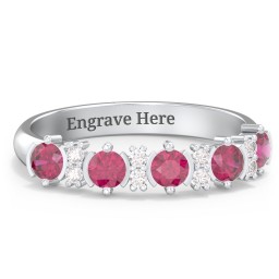 5 Stone Semi-Bezel Ring with Accents in 925 Sterling Silver with Ruby and White Premium Zirconia