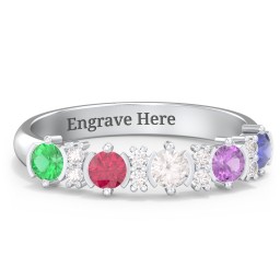 5 Stone Semi-Bezel Ring with Accents in 925 Sterling Silver with Emerald, Ruby, Cubic Zirconia, Amethyst, Blue Sapphire, and White Premium Zirconia