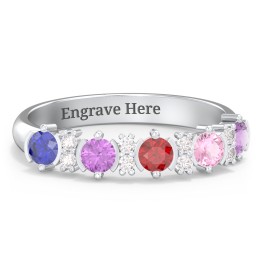 5 Stone Semi-Bezel Ring with Accents in 10K Solid White Gold with Blue Sapphire, Amethyst, Garnet, Pink Tourmaline, and White Premium Zirconia