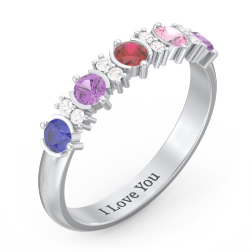 5 Stone Semi-Bezel Ring with Accents – 10K White Gold with Blue Sapphire, Amethyst, Garnet, Pink Tourmaline, and White Premium Zirconia