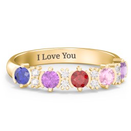 5 Stone Semi-Bezel Ring with Accents in 10K Solid Yellow Gold with Blue Sapphire, Amethyst, Garnet, Pink Tourmaline, and White Premium Zirconia