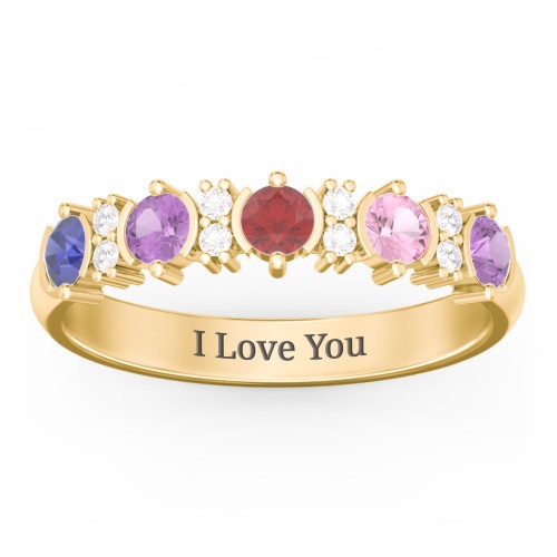 5 Stone Semi-Bezel Ring with Accents – 10K Yellow Gold with Blue Sapphire, Amethyst, Garnet, Pink Tourmaline, and White Premium Zirconia