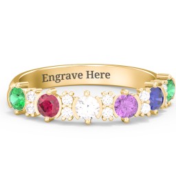 6 Stone Semi-Bezel Ring with Accents in 10K Solid Yellow Gold with Emerald, Ruby, Cubic Zirconia, Amethyst, Blue Sapphire, and White Premium Zirconia
