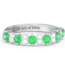 6 Stone Semi-Bezel Ring with Accents in 925 Sterling Silver with Emerald and White Premium Zirconia