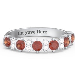 6 Stone Semi-Bezel Ring with Accents in 925 Sterling Silver with Garnet and White Premium Zirconia