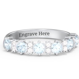 6 Stone Semi-Bezel Ring with Accents in 925 Sterling Silver with Aquamarine and White Premium Zirconia