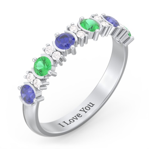 6 Stone Semi-Bezel Ring with Accents – 10K White Gold with Blue Sapphire, Emerald, and White Premium Zirconia