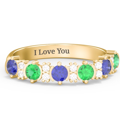 6 Stone Semi-Bezel Ring with Accents – 10K Yellow Gold with Blue Sapphire, Emerald, and White Premium Zirconia