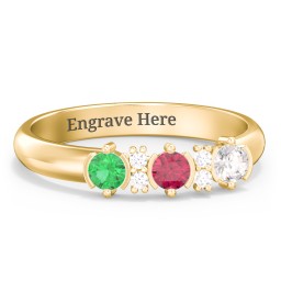 3 Stone Semi-Bezel Ring with Accents in 10K Solid Yellow Gold with Emerald, Ruby, Cubic Zirconia, and White Premium Zirconia