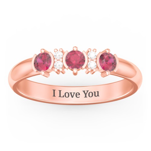 3 Stone Semi-Bezel Ring with Accents – 10K Rose Gold with Ruby and White Premium Zirconia