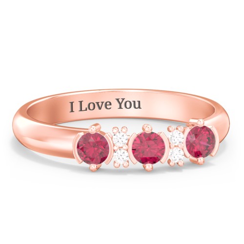3 Stone Semi-Bezel Ring with Accents – 10K Rose Gold with Ruby and White Premium Zirconia