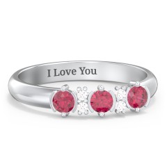 3 Stone Semi-Bezel Ring with Accents – Sterling Silver with Ruby and White Premium Zirconia