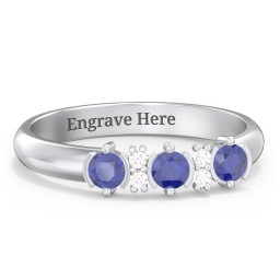 3 Stone Semi-Bezel Ring with Accents in 925 Sterling Silver with Blue Sapphire and White Premium Zirconia