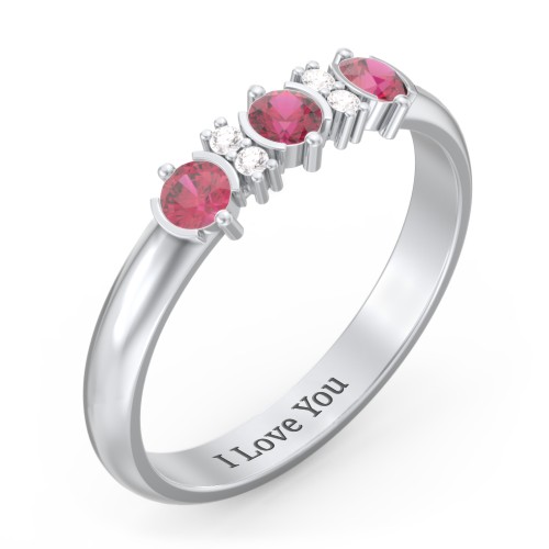 3 Stone Semi-Bezel Ring with Accents – Sterling Silver with Ruby and White Premium Zirconia