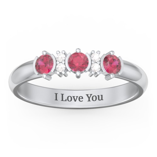 3 Stone Semi-Bezel Ring with Accents – Sterling Silver with Ruby and White Premium Zirconia