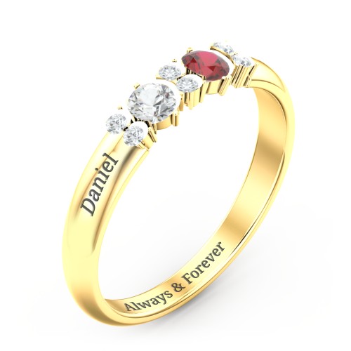 Twin Circular Half Bezel Twin Accent Ring – 14K Yellow Gold with Cubic Zirconia, Garnet, and White Premium Zirconia
