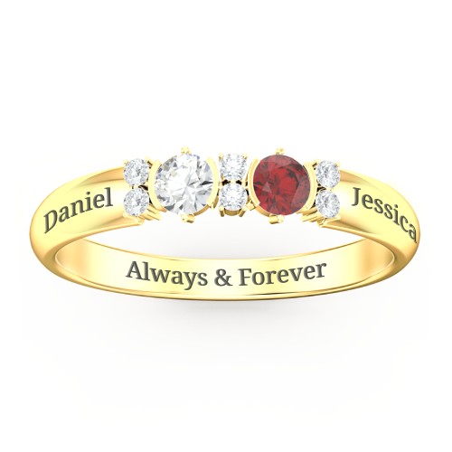 Twin Circular Half Bezel Twin Accent Ring – 14K Yellow Gold with Cubic Zirconia, Garnet, and White Premium Zirconia