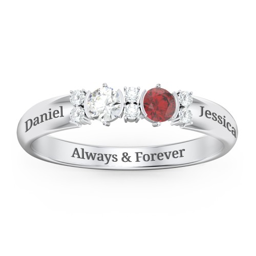 Twin Circular Half Bezel Twin Accent Ring – Sterling Silver with Cubic Zirconia, Garnet, and White Premium Zirconia
