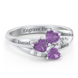 Heart Cluster Ring with Accents in 925 Sterling Silver with Cubic Zirconia and Amethyst