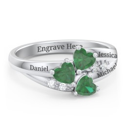 Heart Cluster Ring with Accents in 925 Sterling Silver with Diamond and Emerald