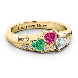 Tripartite Heart Gemstone Ring with Accents in 10K Solid Yellow Gold with Emerald, Ruby, and Cubic Zirconia