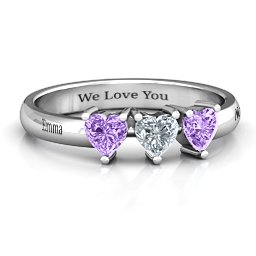 Triple Heart Stone Ring in 925 Sterling Silver with Amethyst and Cubic Zirconia