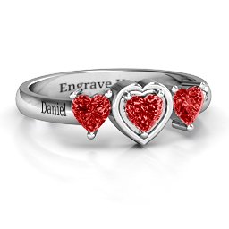 Heart Stone with Twin Heart Accents Ring in 925 Sterling Silver with Garnet