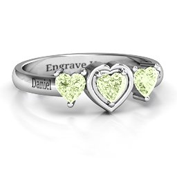 Heart Stone with Twin Heart Accents Ring in 925 Sterling Silver with Peridot
