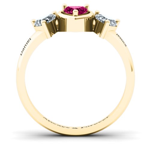 Heart Stone with Twin Heart Accents Ring – 10K Yellow Gold with Ruby and Cubic Zirconia