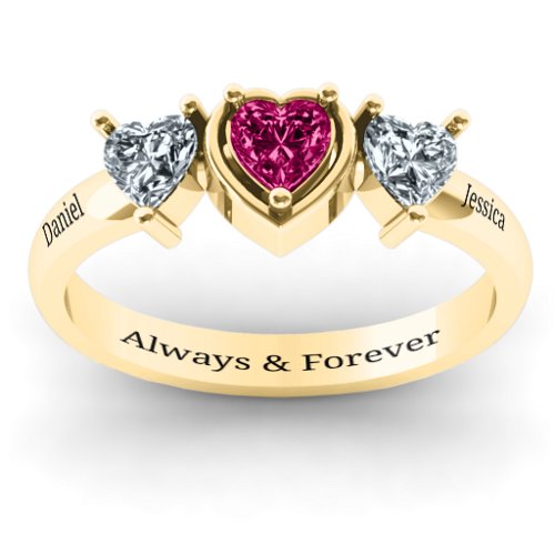 Heart Stone with Twin Heart Accents Ring – 10K Yellow Gold with Ruby and Cubic Zirconia