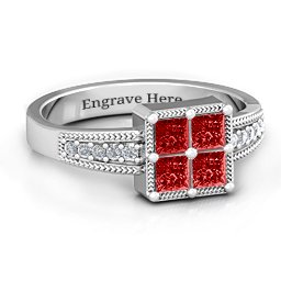 Vintage Princess Cut Ring with Shoulder Accents in 925 Sterling Silver with Garnet