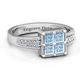 Vintage Princess Cut Ring with Shoulder Accents in 925 Sterling Silver with Aquamarine