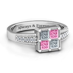 Vintage Princess Cut Ring with Shoulder Accents in 925 Sterling Silver with Cubic Zirconia and Pink Tourmaline