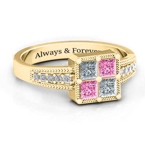 Vintage Princess Cut Ring with Shoulder Accents – 10K Yellow Gold with Cubic Zirconia and Pink Tourmaline