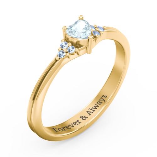 Narrow Heart Ring with Shoulder Accents – 18K Gold Plated Silver with Aquamarine and Fancy Blue Premium Zirconia