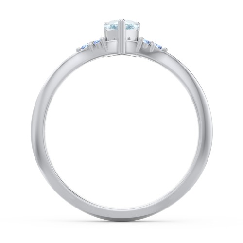 Narrow Heart Ring with Shoulder Accents – Sterling Silver with Aquamarine and Fancy Blue Premium Zirconia