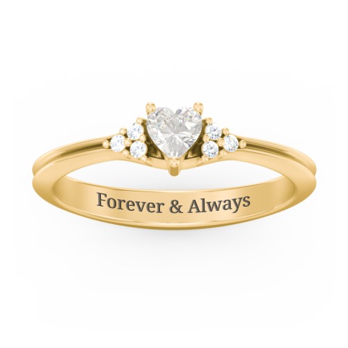 Narrow Heart Ring with Shoulder Accents – 10K Yellow Gold with Cubic Zirconia and White Premium Zirconia