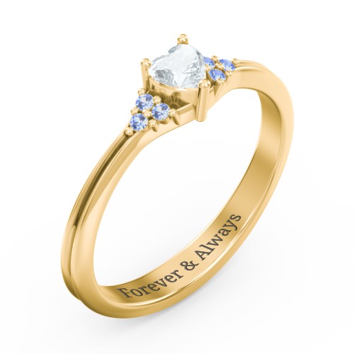 Narrow Heart Ring with Shoulder Accents – 18K Gold Plated Silver with Aquamarine and Fancy Blue Premium Zirconia