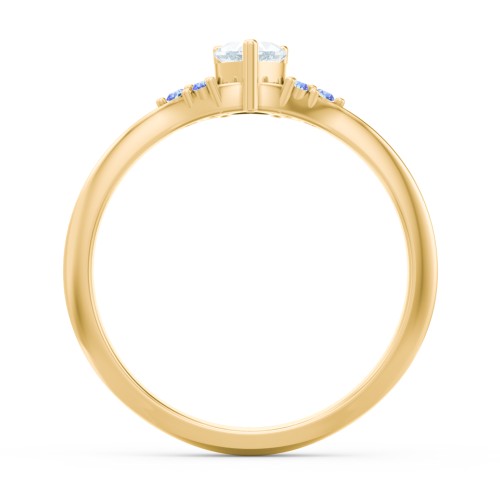 Narrow Heart Ring with Shoulder Accents – 18K Gold Plated Silver with Aquamarine and Fancy Blue Premium Zirconia