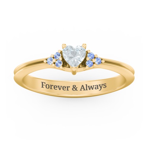 Narrow Heart Ring with Shoulder Accents – 18K Gold Plated Silver with Aquamarine and Fancy Blue Premium Zirconia