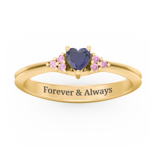 Narrow Heart Ring with Shoulder Accents – 18K Gold Plated Silver with Blue Sapphire and Red Premium Zirconia