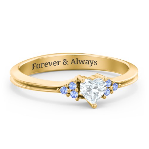 Narrow Heart Ring with Shoulder Accents – 18K Gold Plated Silver with Aquamarine and Fancy Blue Premium Zirconia