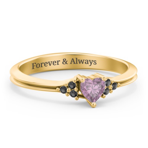Narrow Heart Ring with Shoulder Accents – 18K Gold Plated Silver with Alexandrite and Black Premium Zirconia