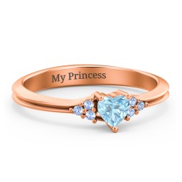Narrow Heart Ring with Shoulder Accents in 10K Solid Rose Gold with Blue Topaz and Fancy Blue Premium Zirconia