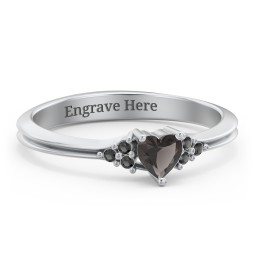 Narrow Heart Ring with Shoulder Accents in 925 Sterling Silver with Smokey Quartz and Black Premium Zirconia
