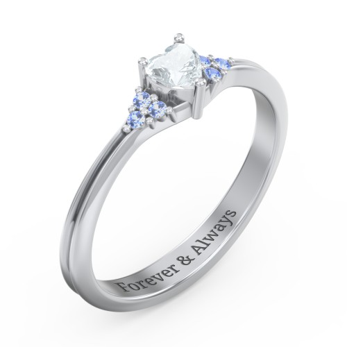 Narrow Heart Ring with Shoulder Accents – Sterling Silver with Aquamarine and Fancy Blue Premium Zirconia